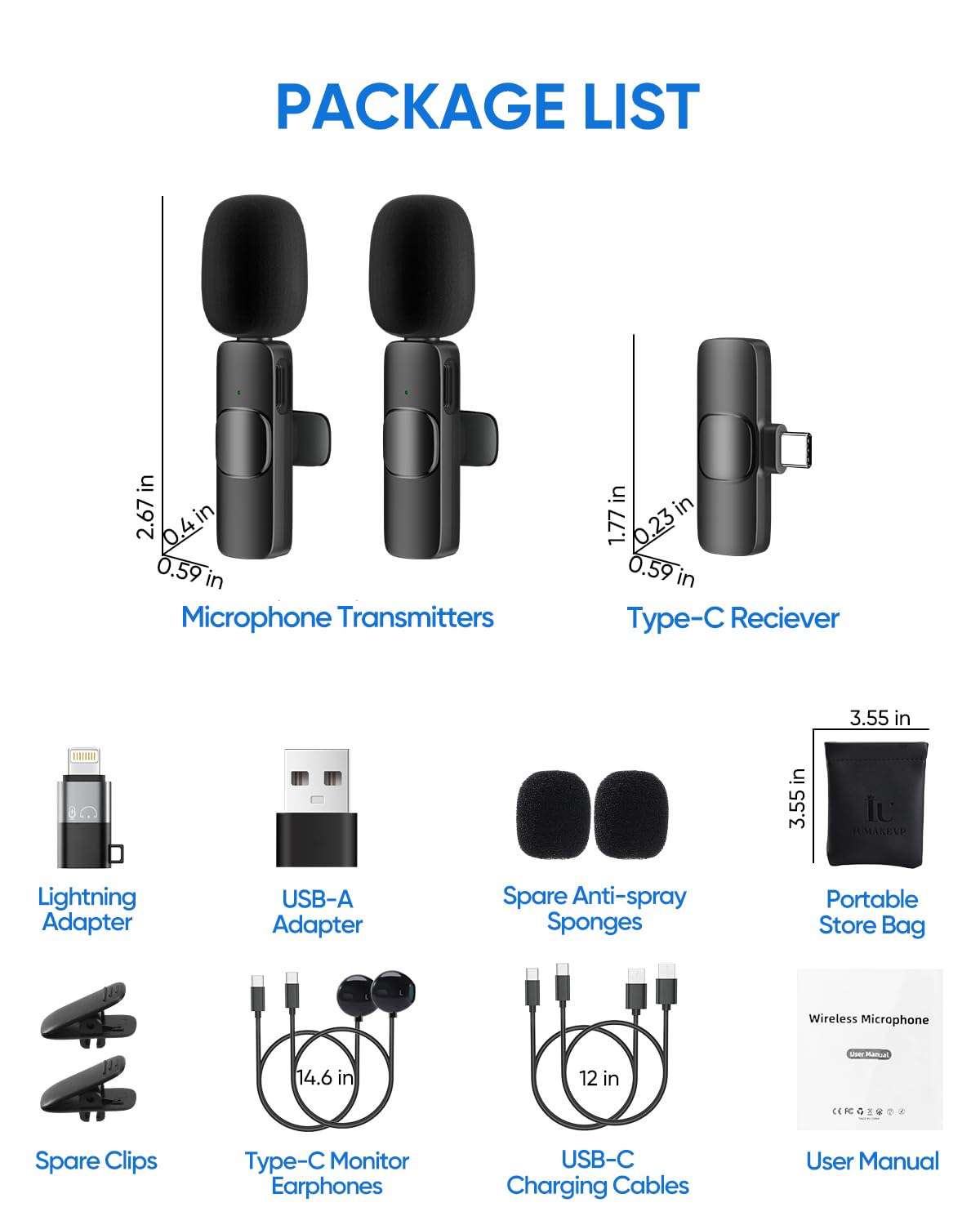 Wireless Lavalier Microphone for iPhone/Android Phone/Laptop (2 Mics)