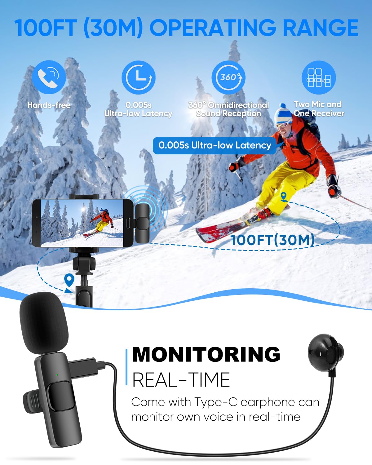 Wireless Lavalier Microphone for iPhone/Android Phone/Laptop (2 Mics)